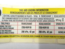 Этикетка (лейба, наклейка) с х-ми колес и макс. допустимой догрузкой Tesla model 3 1465392